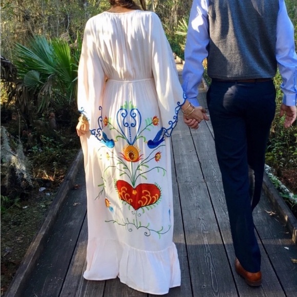 5 ⭐️ Favorite Magic Hearts Boho Embroidered Long Maxi Gown In White - Picture 4 of 16
